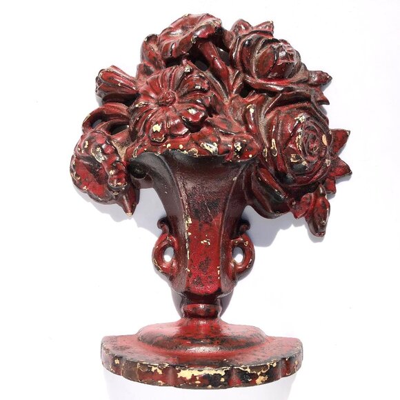 Cast Iron Door Stop Flower Urn Vase Vintage Hubley #162 Florals Bookend painted